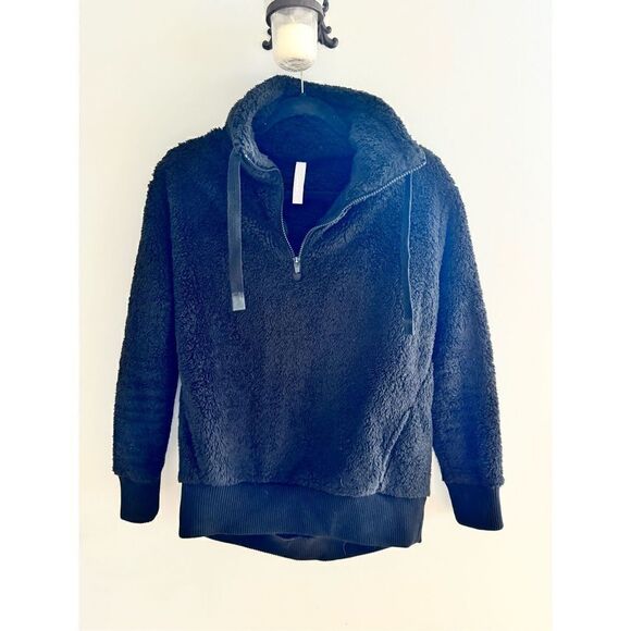 Athleta Pullover Womens XS Black Deep Pile Fleece 1/4 Zip Preppy Drawstring - Picture 3 of 9